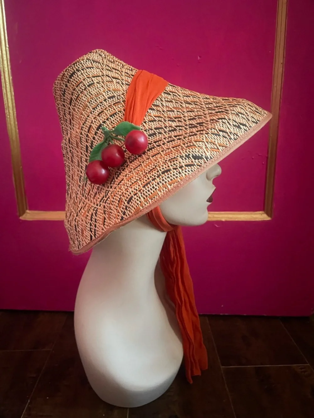 Vintage 1950’s Straw Sun Hat with Orange chiffon ribbon and Cherry Accent